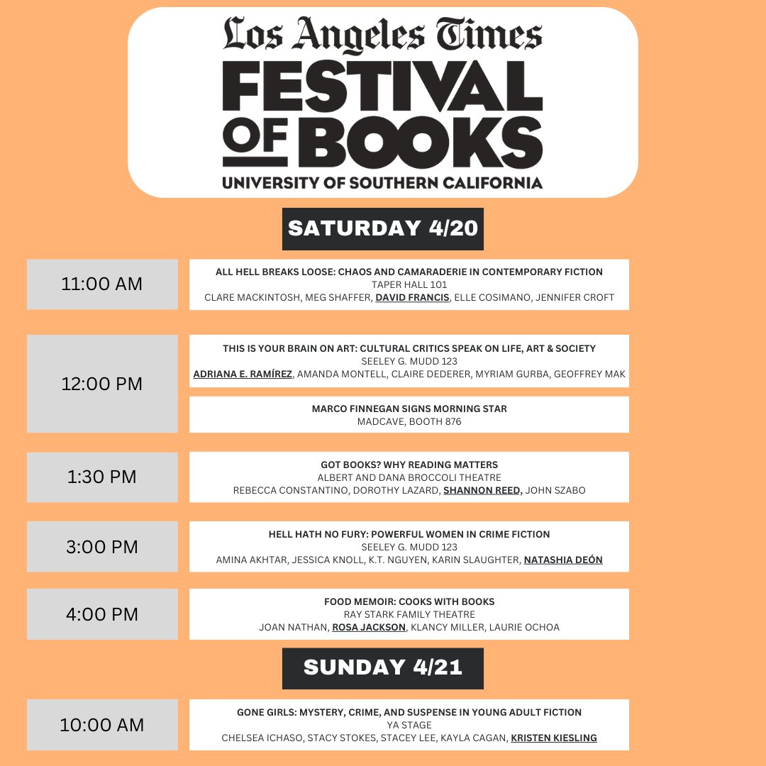 This weekend is the @latimesfob where you can see some Hill Nadell writers speak and moderate. Check out some of these panels and dozens more to hear engaging discussions and meet other book lovers!
