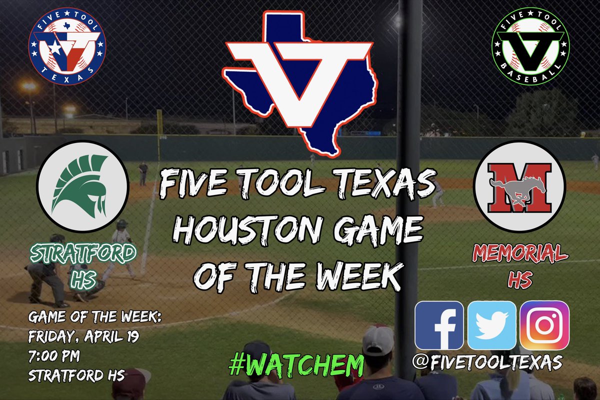 We will be at Stratford HS, 7:00 PM Friday, April 19 for the… 🚨@FiveToolTexas Houston Game of the Week 🚨 Featuring: @2K23SHSBaseball vs. @MustangHardball #WatchEm