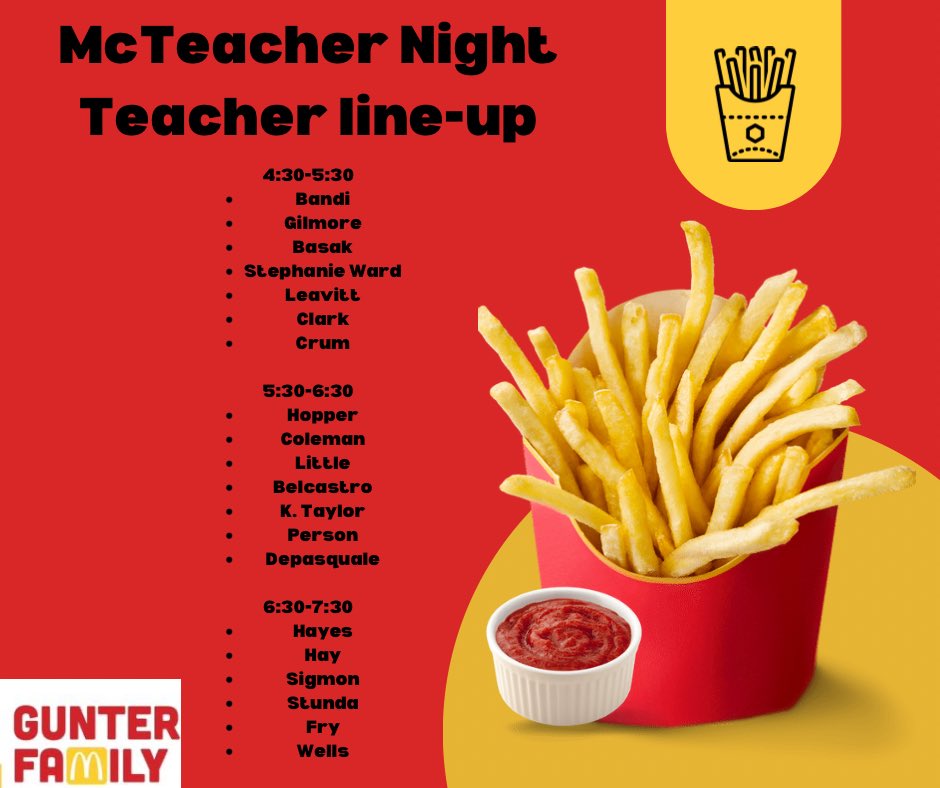 Stop by McDonald’s tonight 4:30-7:30pm for McTeacher night! 
Grab some dinner and see PUE teachers working the drive thru line.
Check out the teacher line up below! 

#puespiritevent #pueMcTeachernight
#mcdonalds
#gunterfamily