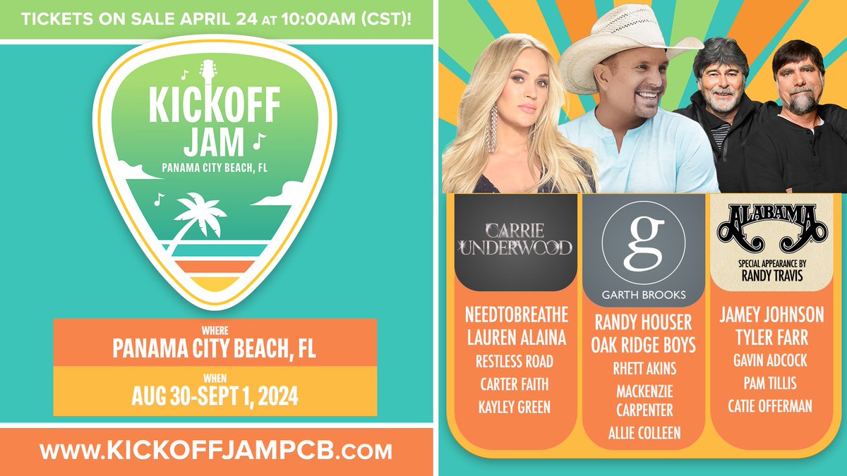 Carrie will be headlining #kickoffjam in Panama City Beach, FL on August 31, along with Garth Brooks and Alabama (with a Special Appearance by Randy Travis)!  Tickets go on sale April 24 at 10am.  Visit kickoffjampcb.com for more info. -TeamCU