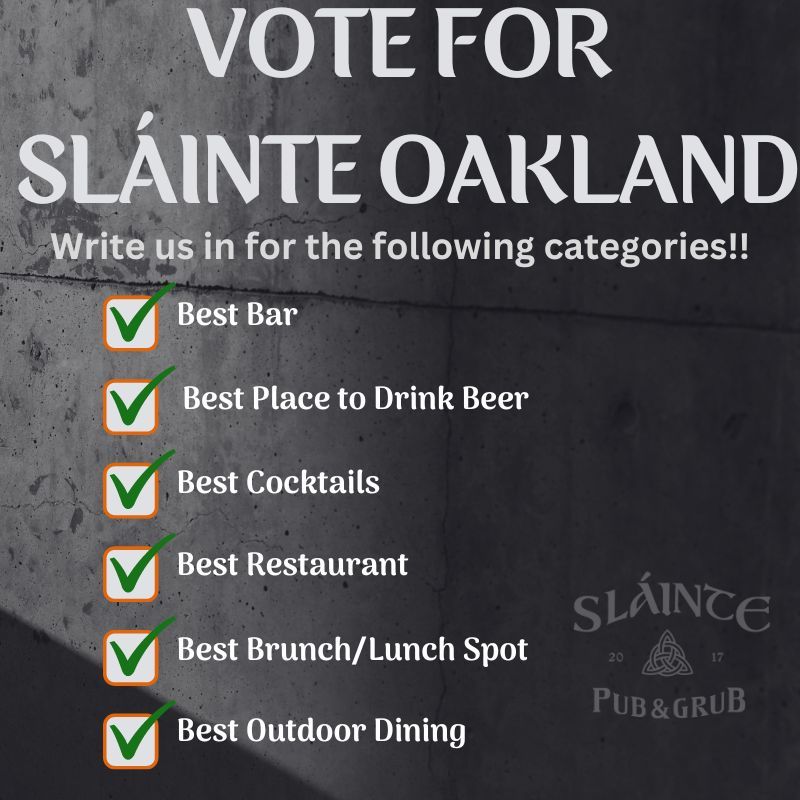 SlainteOakland's tweet image. Don't forget to #writein Sláinte while you can! Write-in #voting ends next week so go on then. Cast your ballots!
#OaklandsBest #BestOfOakland #Oakland #TheTownPub
buff.ly/3PDfRTj