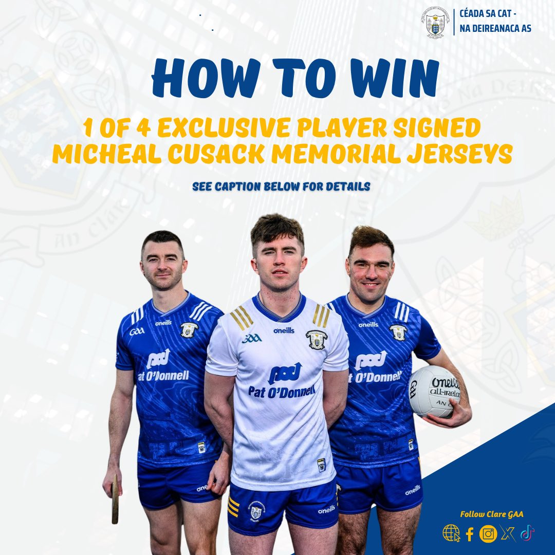 Win 1 of 4 Exclusive Player Signed Micheal Cusack Memorial Jerseys! 🟡🔵 We want to reward the best supporters in the country with a chance to win this amazing prize. To enter, simply follow these three simple steps. TO ENTER: Follow - @Gaaclare TAG - Three Supporters in the…