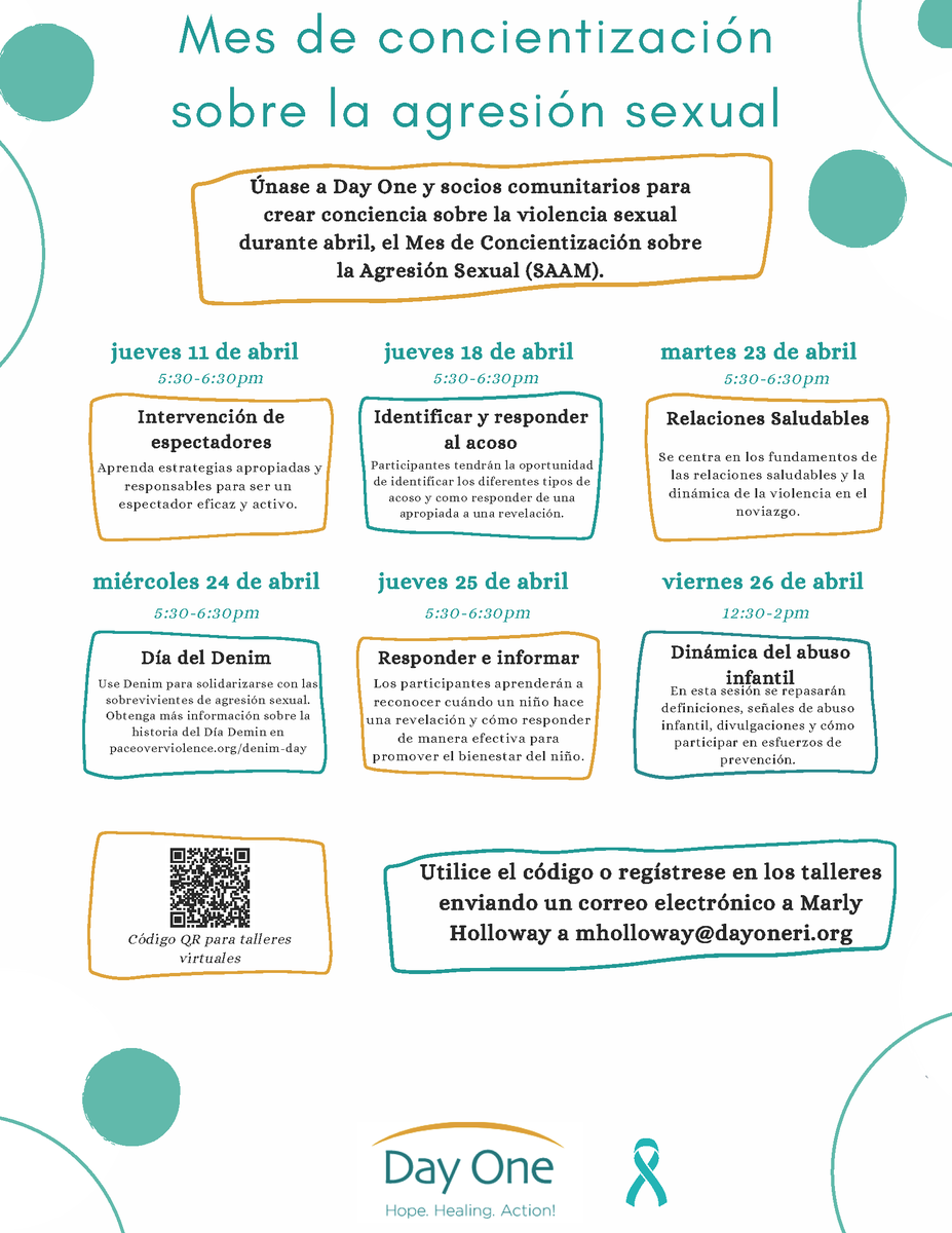 Para el mes de abril, estamos orgullosos de ofrecer una variedad de talleres destinadas a aumentar la conciencia pública sobre la violencia interpersonal. Únase a nosotros esta noche a las 5:30 para nuestro taller virtual sobre la Identificación y Respuesta al acoso.