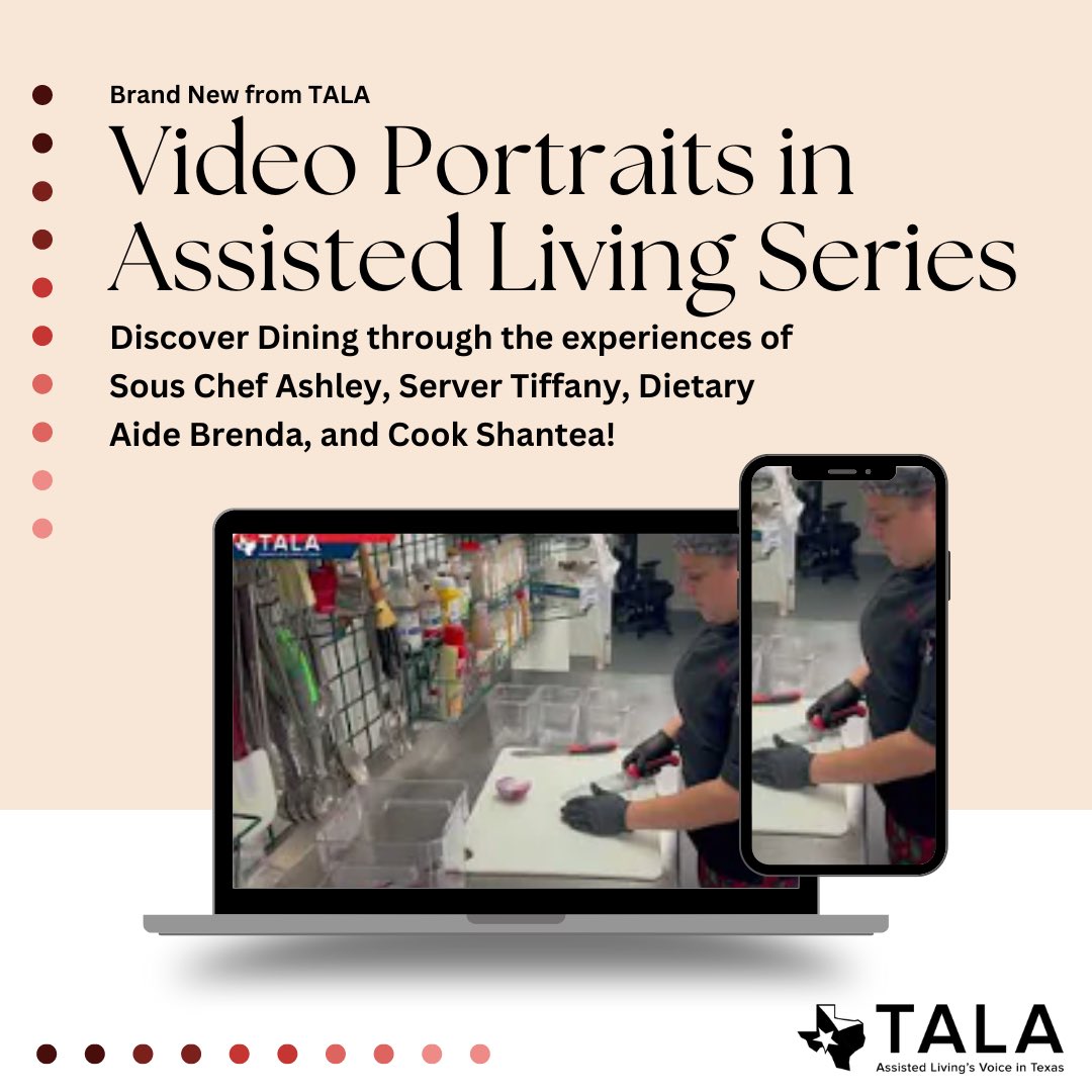 TXAssistedLving's tweet photo. Video Portraits in Assisted Living Series from TALA, featuring employees sharing their journeys & joys working in Assisted Living! This video explores dining careers through four different experiences.
https://t.co/rKbRXtaRhJ
#txassistedliving #workforcedevo https://t.co/VdfEgmhU2T