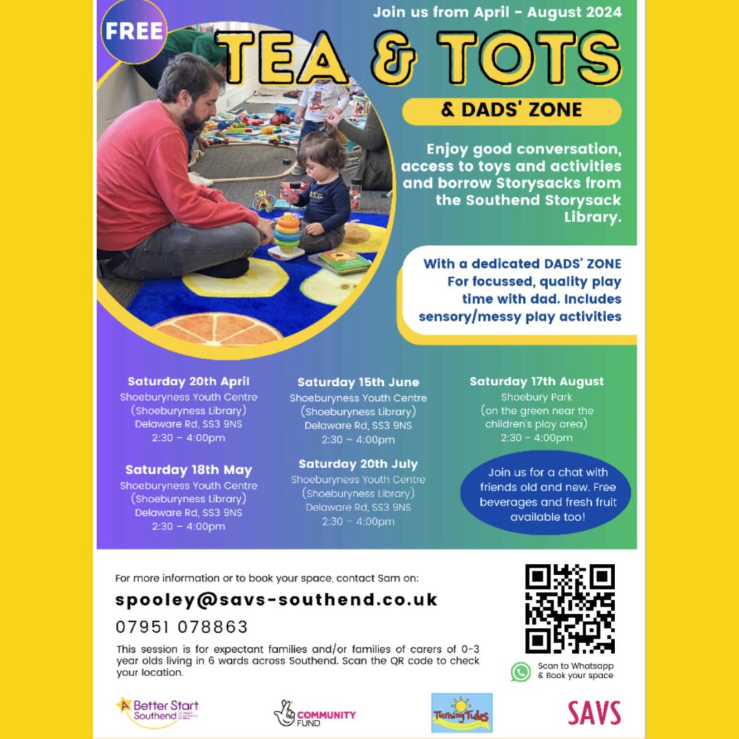 Tea & Tots with dedicated Dads' Zone this Sat! Shoeburyness Youth Centre 2.30 - 4pm - meet new people, enjoy sensory / messy play, borrow Storysacks. Free beverages/fruit. Book spooley@savs-southend.co.uk / 07951 078863 - or just drop in! #ABetterStartSouthend @savs_southend