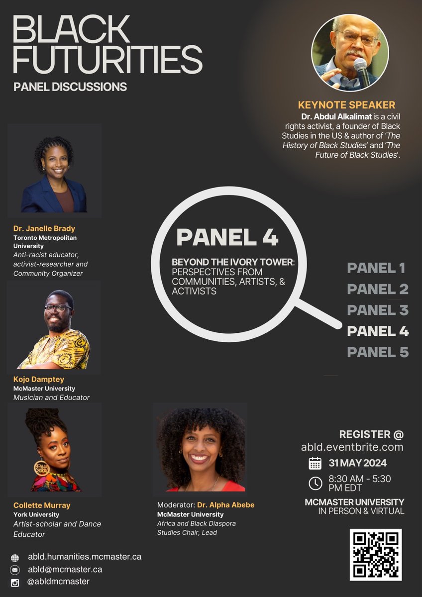Explore community perspectives in shaping Black Canadian Studies with artists, activists, and leaders Colette Murray, @Janelle_Brady_  @EasyThePianoMan, and Alpha Abebe. Stay tuned for more updates and register now! #BlackFuturities2024 #BlackStudies #ABLDatMac