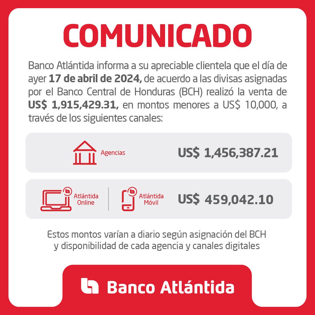 Recuerda que puedes comprar montos menores a US$ 10,000 diarios, según disponibilidad a través de nuestros canales: 📲Atlántida Móvil 💻Atlántida Online 🏦186 agencias Conoce las agencias donde puedes comprar dólares en efectivo, ingresando aquí: lnkd.in/eNP9B78u