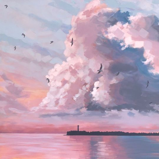 Jim Musil, 2021 The Pink Cloud Acrylic on Panel “Clouds come floating into my life, no longer to carry rain or usher storm, but to add color to my sunset sky.” ― Rabindranath Tagore