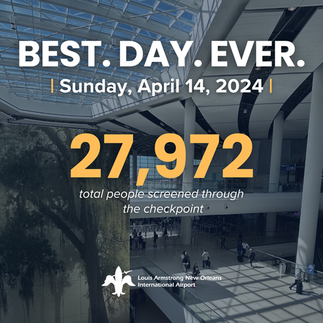 Congratulations to @flyneworleans for hitting a new milestone! Last Sunday marked their busiest day EVER with 27,972 travelers screened. This consistent support ensures the Greater New Orleans Region remains a top destination. Here's to many more record-breaking days ahead! 👏