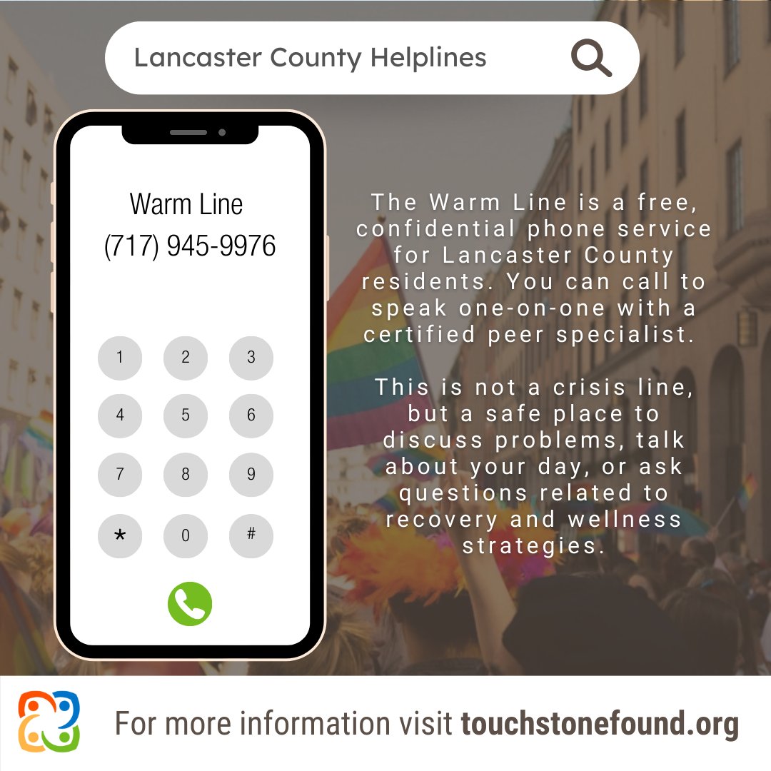 🥳Happy Mental Health Month! Learn about the Warm Line, a free and confidential phone service for Lancaster County residents.

☎Lancaster County Warm Line (717) 945-9976

📲Learn more: lancastercountybhds.org/148/Crisis-Int…

#MentalHealthMonday #MentalHealth #LancasterPA