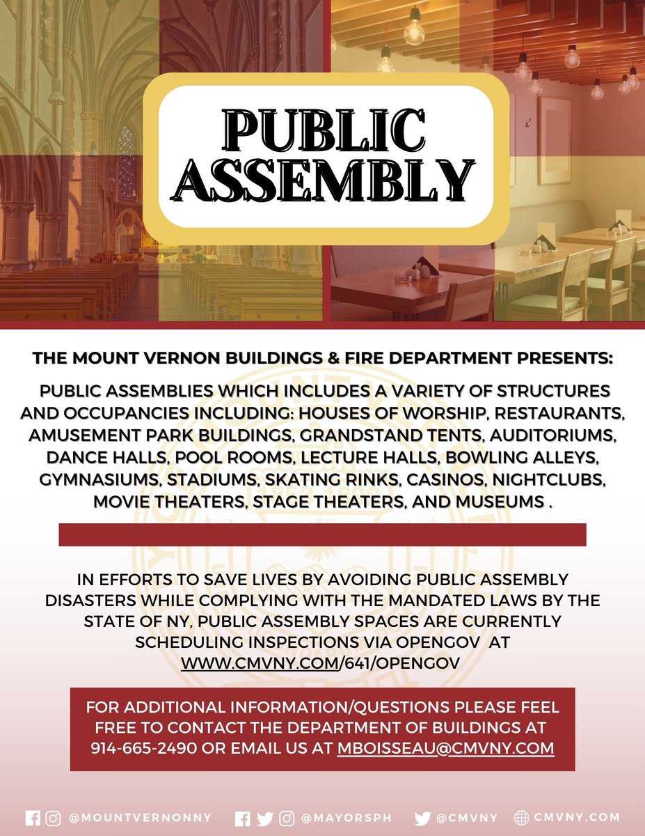 🚨Urgent Announcement 🚨 Public assembly inspections are long overdue, spanning 15 years! It’s time to prioritize safety. We’re scheduling inspections ASAP. For more information/questions please call 914-665-2490 or email mboisseau@cmvny.com #cmvny #jewelofwestchester