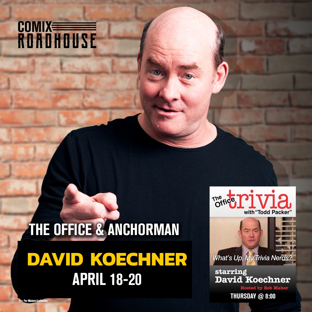 We're kicking off @DavidKoechner's headlining weekend with The Office Trivia Special tonight (4/18). Followed by stand up sets tomorrow (4/19) and Saturday (4/20). Tickets + More: shorturl.at/npFUZ Learn about more about David Koechner: shorturl.at/qwzEG