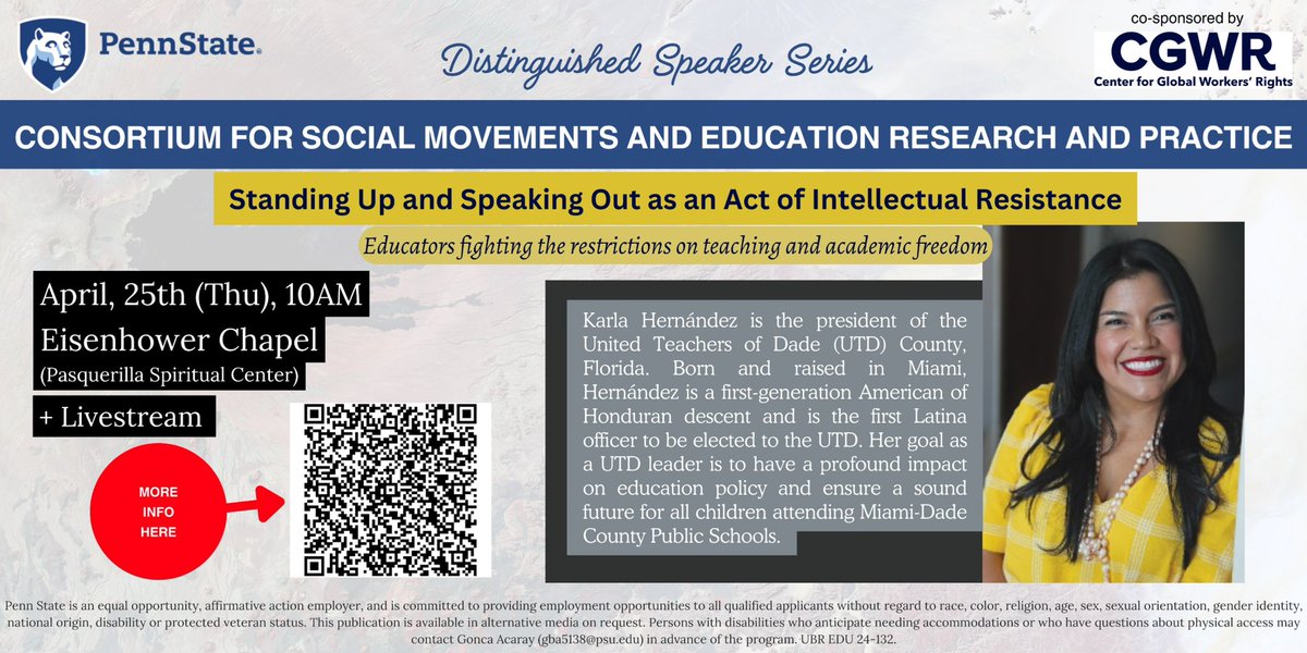 Standing Up and Speaking Out as an Act of Intellectual Resistance: Educators fighting the restrictions on teaching and academic freedom. @KarlaforFlorida Thursday, 4/25 10- 11:00AM EST in the Eisenhower Chapel (Pasquerilla Spiritual Center) @penn_state University Park Campus