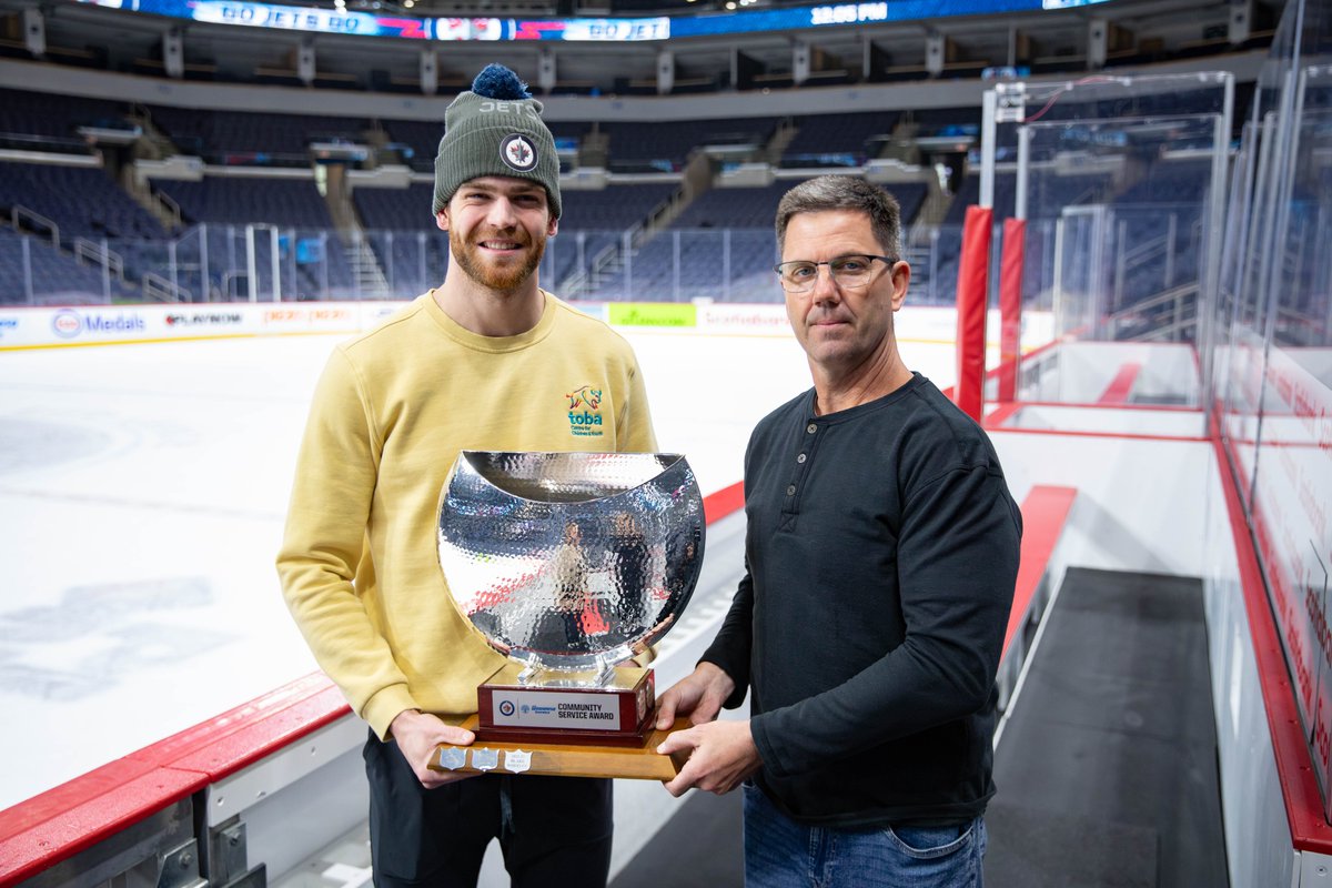 NHLJets's tweet photo. As part of the Local Hockey Hero contest presented by @Wawanesa, our winner Johnny Bestland met with Adam Lowry this week to present him with the Community Service Award trophy. Congratulations Johnny! https://t.co/Kefegasscm