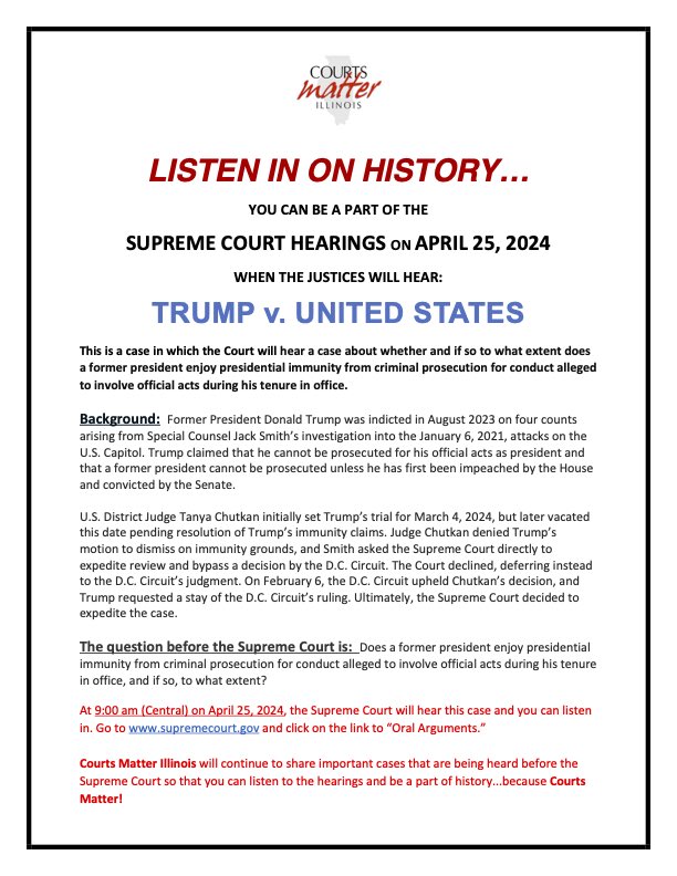 Listen in on history: Trump v. United States. Tune into #SCOTUS hearing on Thursday, April 25th, 2024 at 9:00 AM CST at supremecourt.gov. #CourtsMatter