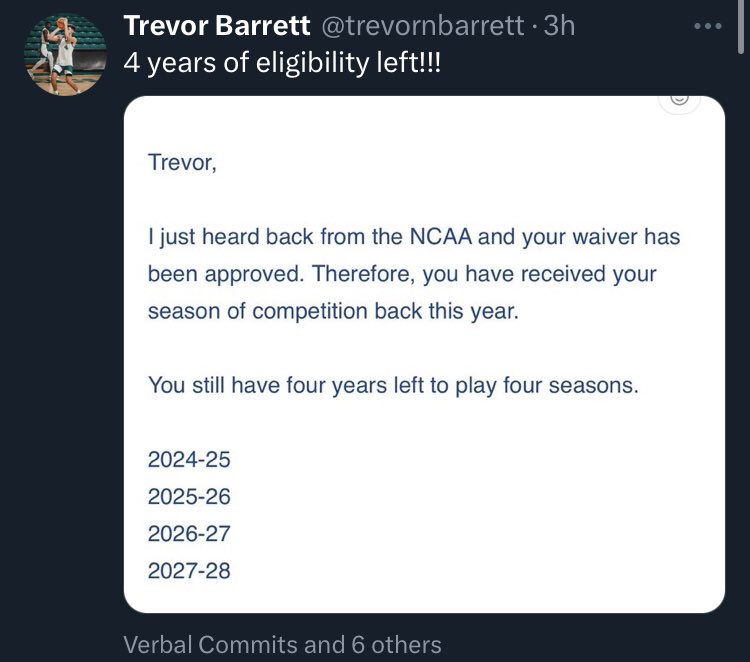 🚨Coastal Carolina transfer Trevor Barrett has announced he has received a redshirt and will have 4 years of eligibility 

Barrett has heard from Western Carolina,  VMI, multiple D2s, and multiple D3s

#CoastalCarolina #SunBeltMB. #CollegeBasketball