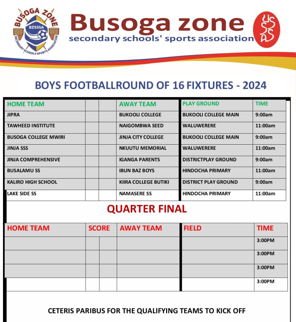 #USSSAZonalQualifiers2024 | #BusogaZone 

Here are the round of 16 fixtures !

#VoBUpdates 

@USSSAOnline @AwardsReal @FifiPhionaPinky @Jackshots24 @MbugaSwaibu9