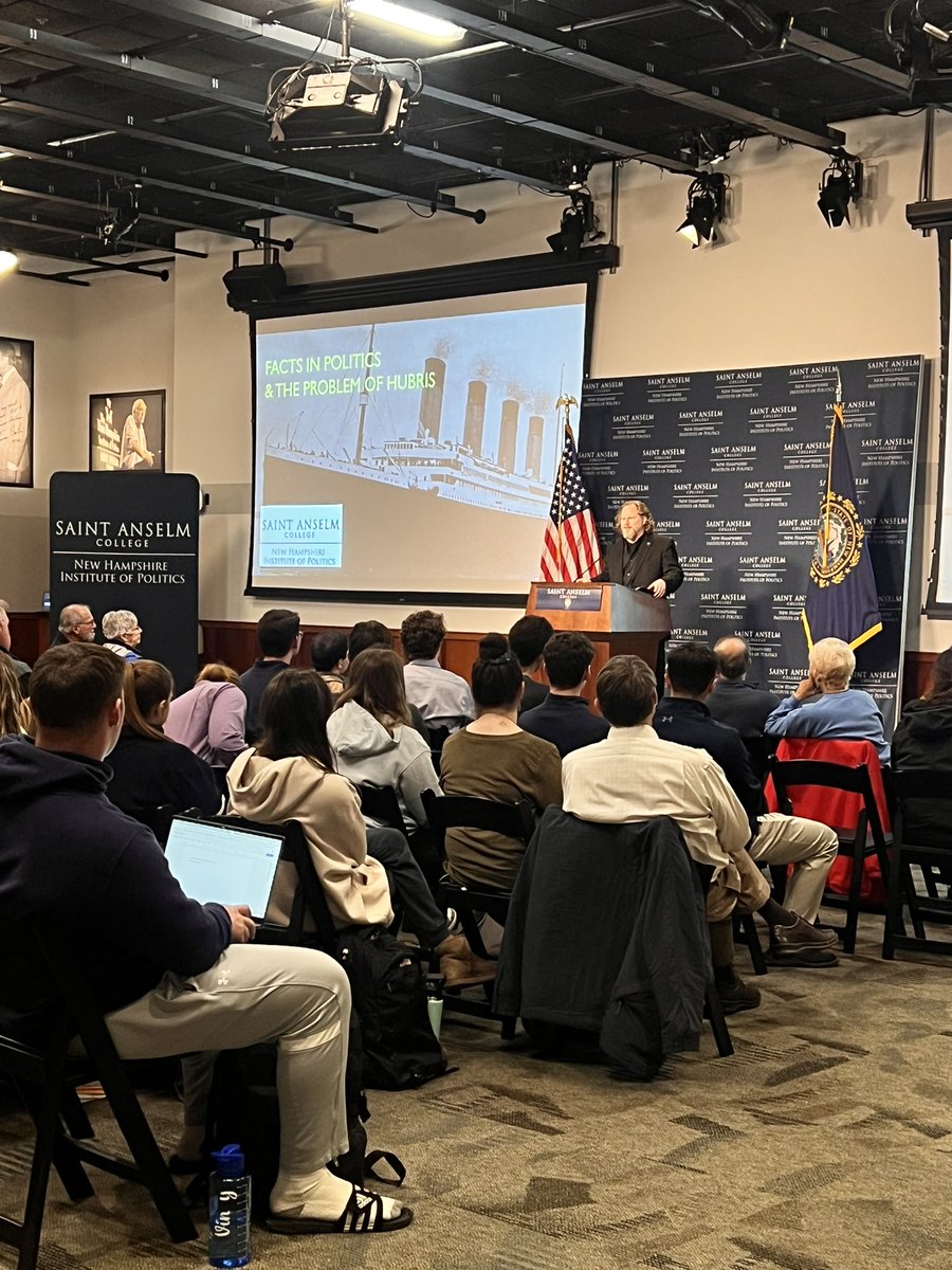 Happening now: We are excited to welcome Dr. Morgan Marietta from @uaustinorg as he joins us at @nhiop to discuss 'Facts in Politics and the problem of Hubris' as part of the Distinguished Speaker Series. @SaintAnselm