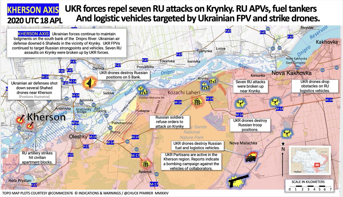 KHERSON AXIS /2020 UTC 18 APL/ UKR forces repel seven RU attacks on Krynky. RU APVs, fuel tankers nd logistic vehicles targeted by Ukrainian FPV and strike drones.