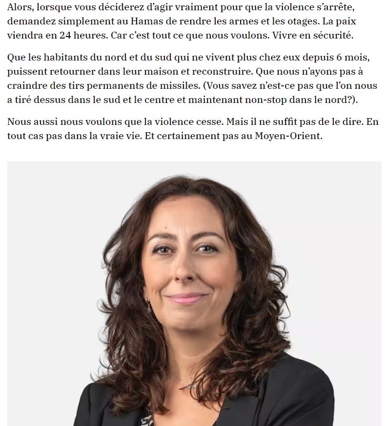 Lettre d’une Québéco-Israélienne à @melaniejoly Nous ne voulons pas de violence ni de guerre. Nous voulons vivre. C’est pour cela que nous nous battons. Car nous refusons de nous laisser encore exterminer. 📰@JdeMontreal journaldemontreal.com/2024/04/17/agi…