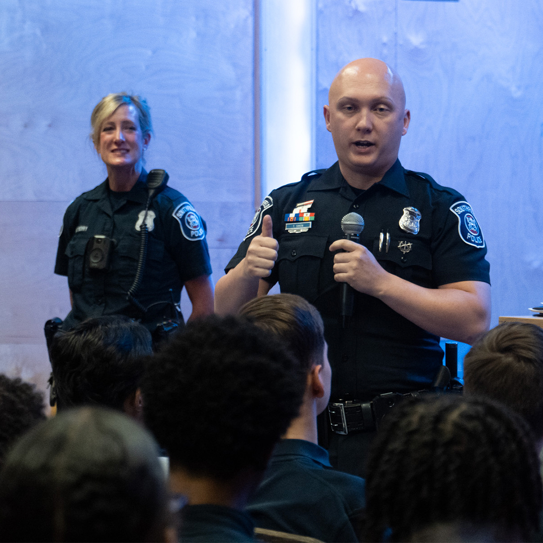 Thank you to the Southfield Police Department! Officers Simon and Buckberry visited today to discuss technology safety. Talking about cell phones led to a reminder not to text while driving and finally a time for questions. We are so grateful they came.