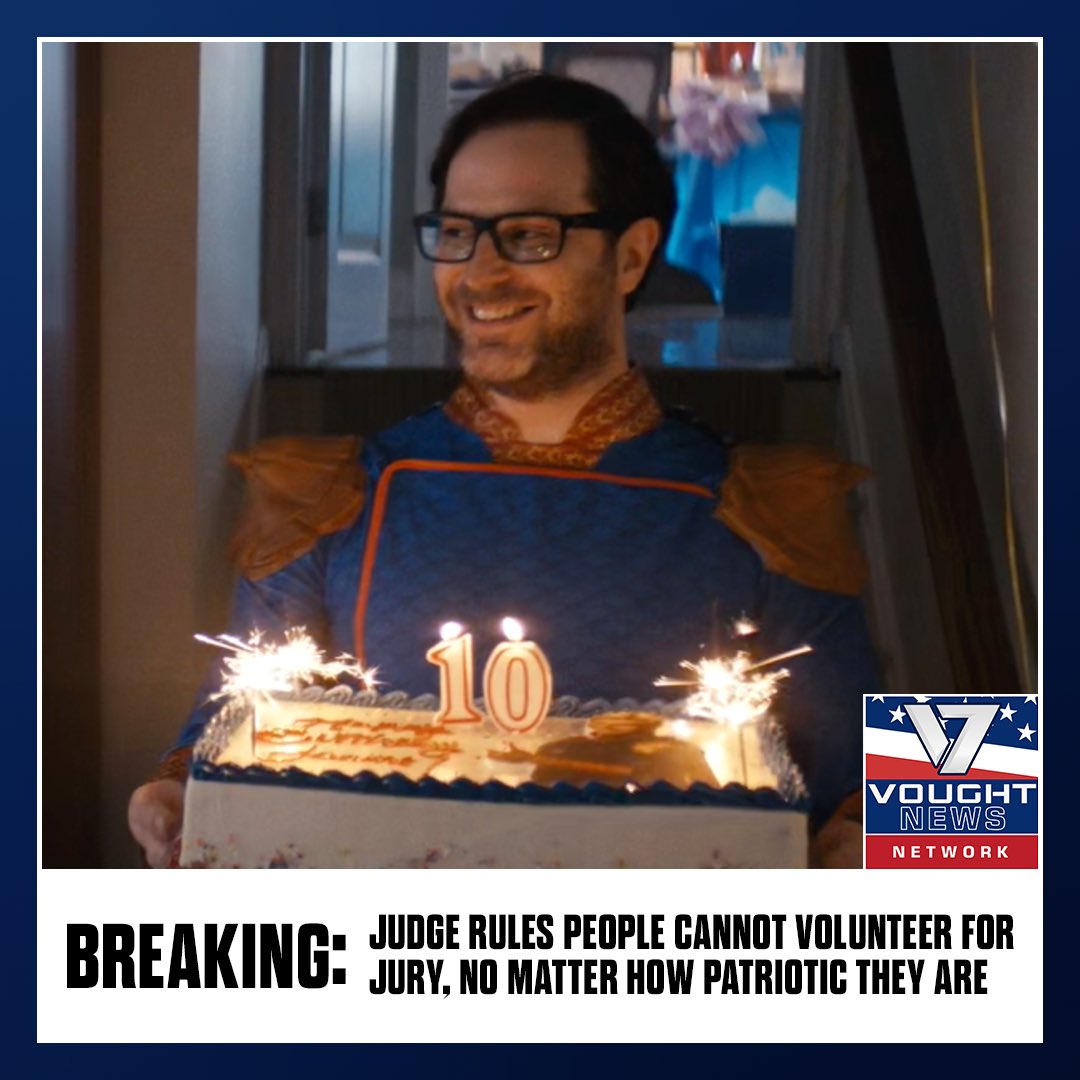 VoughtIntl's tweet image. BREAKING: A record number of patriots applied to be jurors at Homelander’s trial, including this local school teacher, who was deemed biased because he cosplayed as his favorite hero ONCE. More proof this is a sham of a trial, and that our greatest hero will soon be #HomeFree!