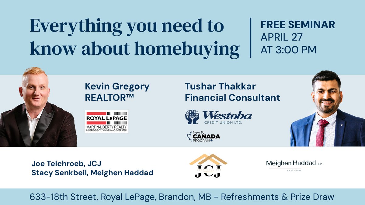 Gearing up to buy a home? 🏡 

Come hear from Tushar Thakkar, Financial Consultant at Westoba, and Kevin Gregory, Realtor and @RoyalLePage_Bdn, about what you need to know. 

633-18th Street 
Learn more: bit.ly/44965zN