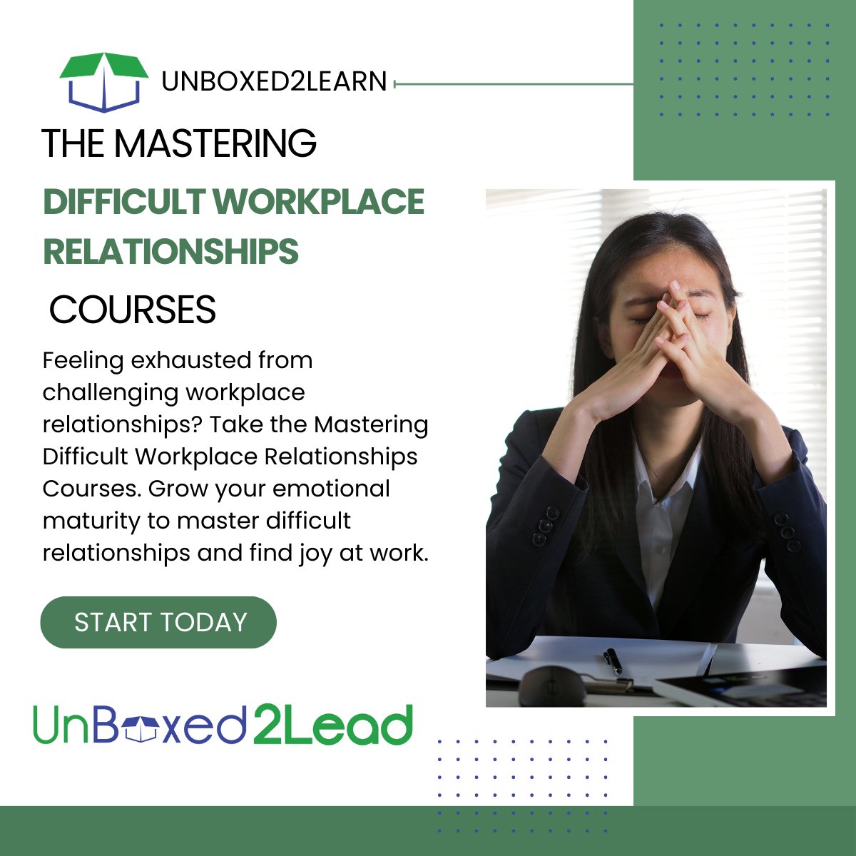 Feeling exhausted from challenging workplace relationships? Take the Mastering Difficult Workplace Relationships Courses.
Sign up TODAY: unboxed2lead.com/unboxed2learn

#Unboxed2Lead#LeadershipSkills#WorkplaceRelationships#ConflictResolution#EmotionalMaturity #ProfessionalDevelopment