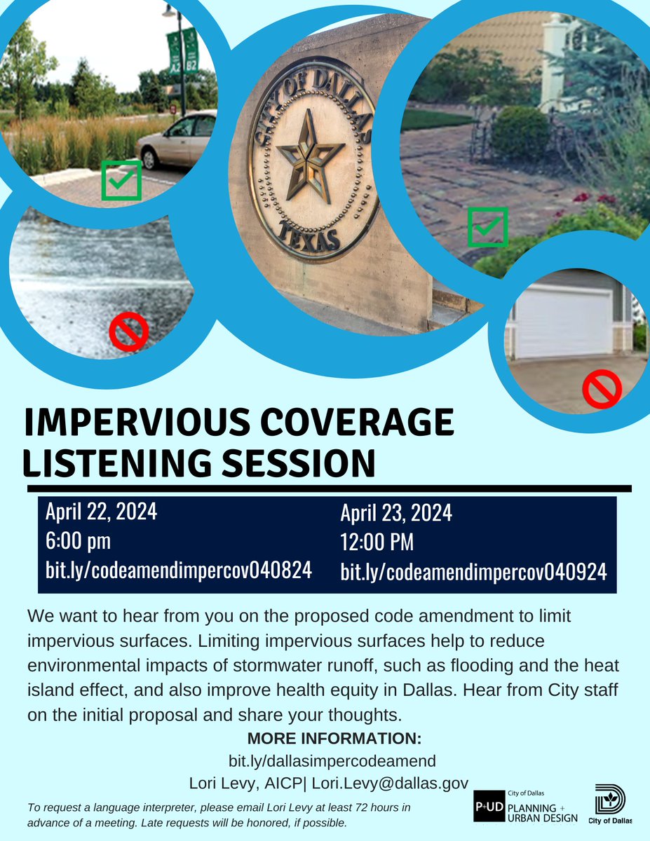 We want your feedback! Share your thoughts on the proposed code amendment to limit impervious surfaces at an upcoming session. 💻Bit.ly/codeamendimper… 📅 Monday, April 22 🕕 6 p.m. 💻bit.ly/codeamendimper… 📅 Tuesday, April 23 🕛 12 noon Learn more: dallas.gov/dallasimpercod…