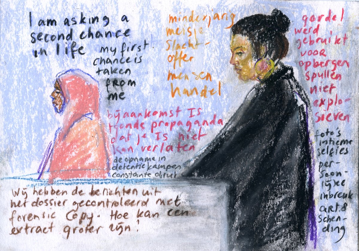 Aardse's tweet photo. 'I am asking a second chance in life' #2 - inhoudelijke zitting in Rechtbank Rotterdam van een van de teruggekeerde vrouwen uit Syrië @AnwarTasniem #courtroomasalandscape #rechtszaalalslandschap #terrorisme #terrorism #zusjes #sisters #women #livedrawing #Syri2 https://t.co/FQskkEBhuJ