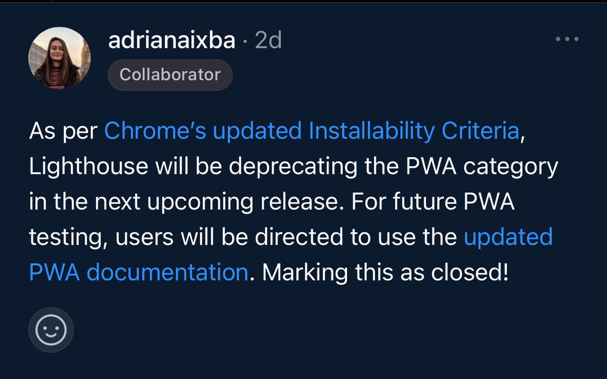 🚀 #100DaysOfPerf Day 86. This decision was mulled a few months back, but the PWA test in @____lighthouse  is being deprecated. It was seeing v little use, amongst other reasons. Wild: I believe LH originally started as a PWA testing tool. 
🔗 bit.ly/100dop-day86