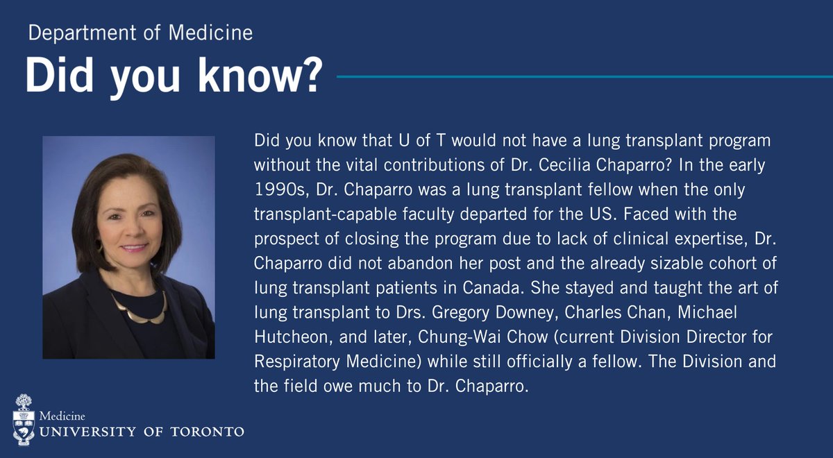 Did you know that @UofT would not have a lung transplant program without the vital contributions of Dr. Cecilia Chaparro? In the early 1990s, Dr. Chaparro was a lung transplant fellow when the only transplant-capable faculty departed for the US.
