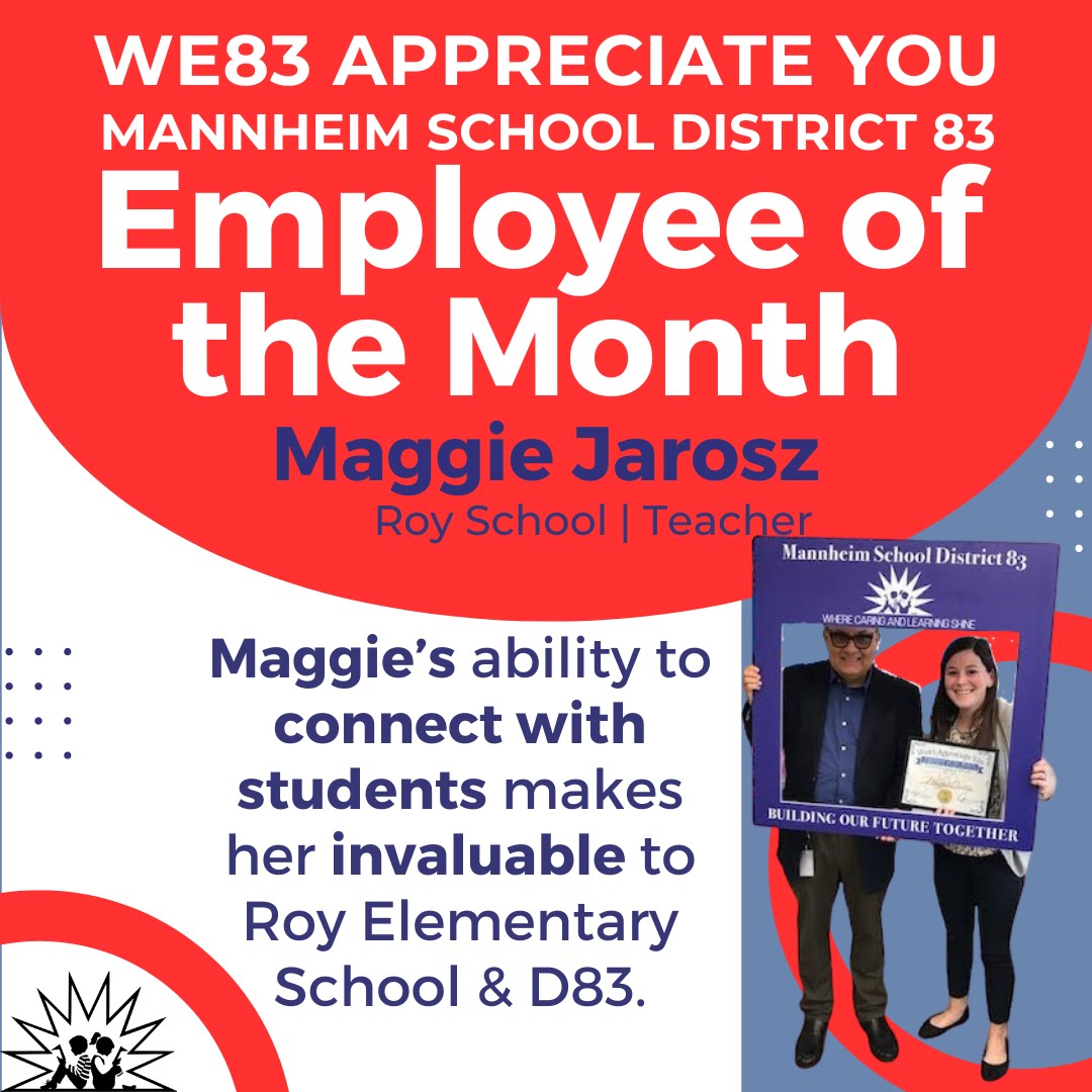 We’re thrilled to announce Maggie Jarosz, Roy School Teacher, as the We83™ Appreciate You Employee of the Month for Mannheim District 83! Her dedication to teaching, student engagement, and community involvement shines bright. Congratulations, Maggie! #D83Shines