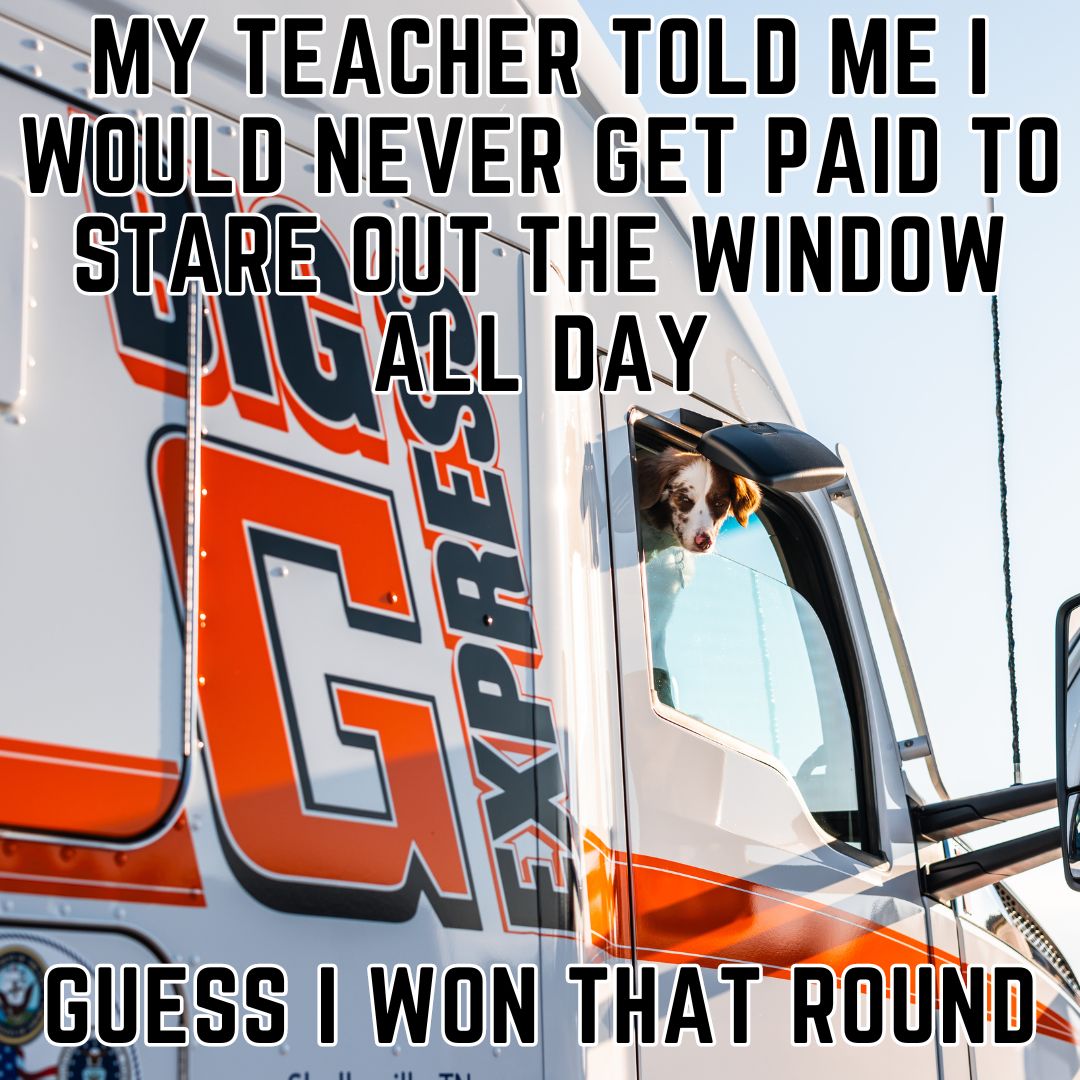 Big_G_Express's tweet photo. Teacher: 'You'll never get paid to stare out the window all day.
Me: Becomes a truck driver 😎
Who's winning now? 🚚💨
#TruckDriverLife #ProvingThemWrong https://t.co/ZO0rZguXsj