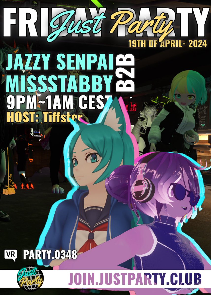 Tomorrow! Its Friday and we will see you at 21:00 CEST, with @MissStabby and @SenpaiJazzy playing some lovely music for us, hydrate responsibly. Its just a party 🎉