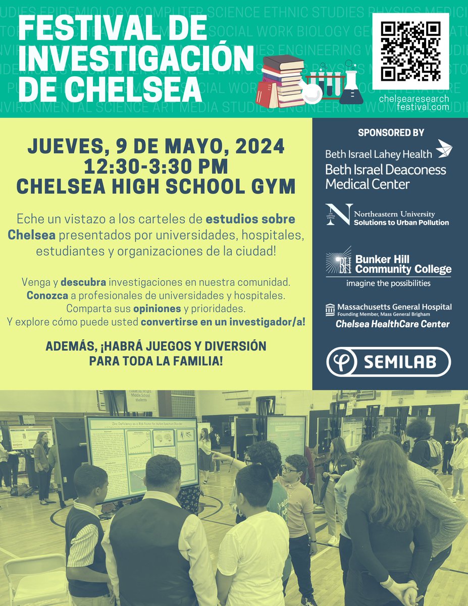 Sarah Elizabeth Neville, PhD (@saraheliznev) on Twitter photo The Chelsea Research Festival is in just a few weeks!!!
Come check out research posters by Chelsea high and middle school students, community members, <a href="/BUSPH/">Boston University School of Public Health</a>, <a href="/c_heatproject/">C-HEAT Study</a>, <a href="/MassGenBrigham/">Mass General Brigham</a>, <a href="/bethisraellahey/">Beth Israel Lahey Health</a>, <a href="/Kennedy_School/">Harvard Kennedy School</a>, <a href="/BHcityleaders/">Bloomberg Harvard City Leadership Initiative</a>, <a href="/GreenRootsEJ/">GreenRoots</a>, <a href="/HarborCOV/">HarborCOV</a>, & more!! The Chelsea Research Festival is in just a few weeks!!!
Come check out research posters by Chelsea high and middle school students, community members, <a href="/BUSPH/">Boston University School of Public Health</a>, <a href="/c_heatproject/">C-HEAT Study</a>, <a href="/MassGenBrigham/">Mass General Brigham</a>, <a href="/bethisraellahey/">Beth Israel Lahey Health</a>, <a href="/Kennedy_School/">Harvard Kennedy School</a>, <a href="/BHcityleaders/">Bloomberg Harvard City Leadership Initiative</a>, <a href="/GreenRootsEJ/">GreenRoots</a>, <a href="/HarborCOV/">HarborCOV</a>, & more!!