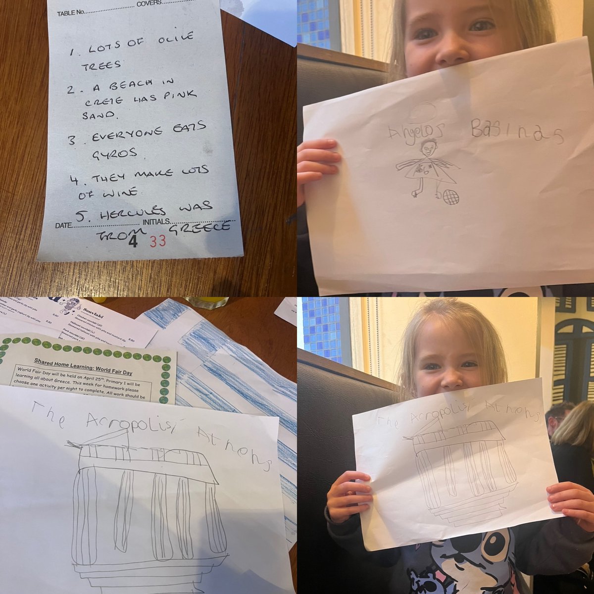 Aria was learning lots of amazing facts about Greece from her Auntie Stasica. She visited her restaurant and got lovely Greek food and Juice.🇬🇷@MrsMcGMrsJ_CCPS #sharedhomelearning #worldfairday #Greece