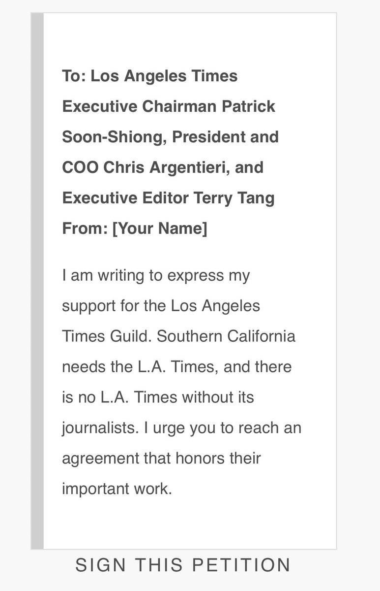 LA Times management continues to stall and threaten instead of offering an even remotely fair contract; it’s been 18 MONTHS, please sign our petition @latguild: actionnetwork.org/petitions/supp…