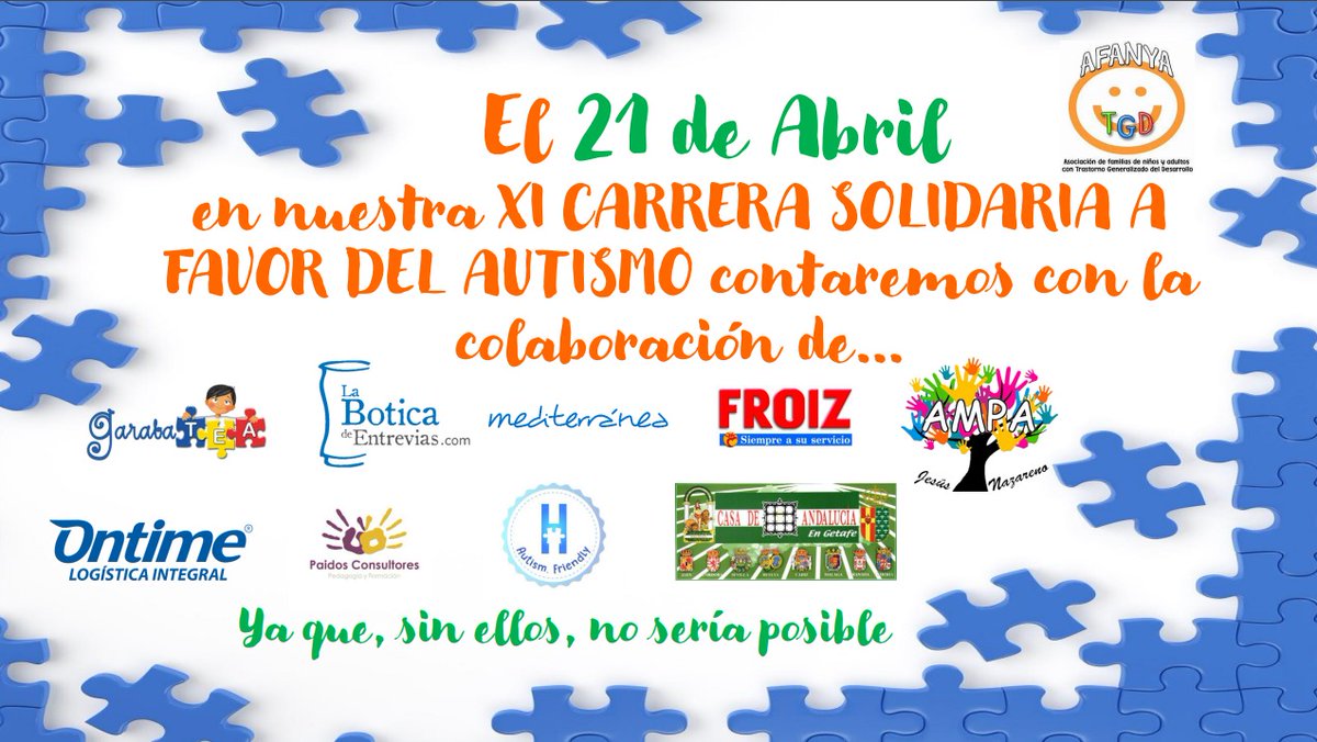 Hoy toca dar las gracias a nuestros colaboradores que sin ellos la carrera no sería posible. Gracias !💙💙
 <a href="/boticaentrevias/">laboticadeentrevias</a>  <a href="/AutismFriendlyC/">Club Autism Friendly</a>  #Mediterraneacatering #Garabatea, #Omtime, #Paidosconsultores, #Foiz #CasadeandaluciaGetafe #AmpaJesusNazareno