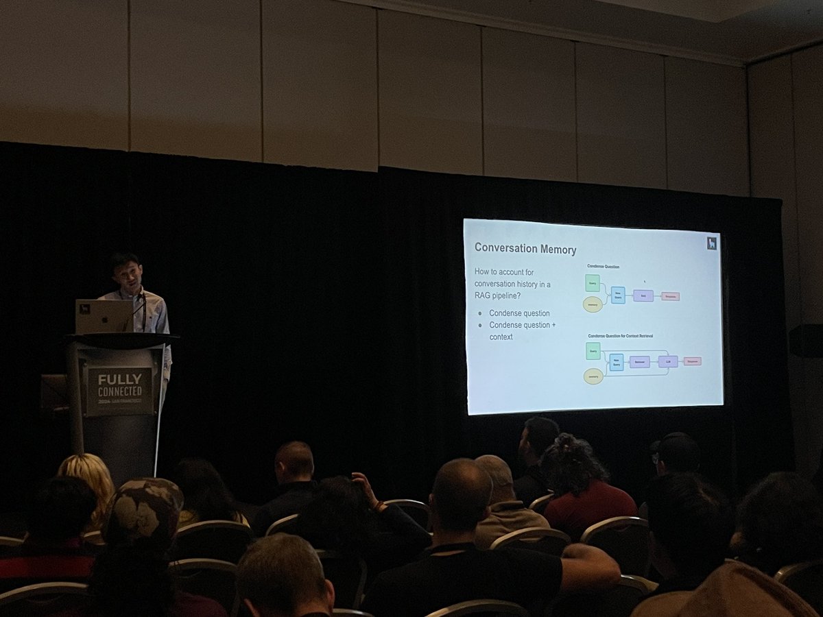 Watching @jerryjliu0 of @llama_index talk at @weights_biases #FullyConnected about moving beyond RAG for expert question answering and conversational AI