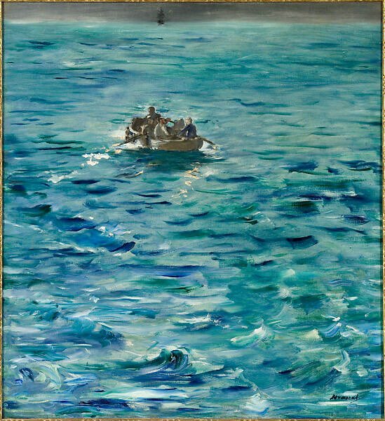 At Giverny outside of Paris, gardens and home of Monet, one of my favorite places on earth, there exists an art exhibition, Impressionism and the Sea. The exhibit celebrates the 150 year anniversary of Impressionism. Seen here, E. Manet’s The Escape of Rochefort, 1881.