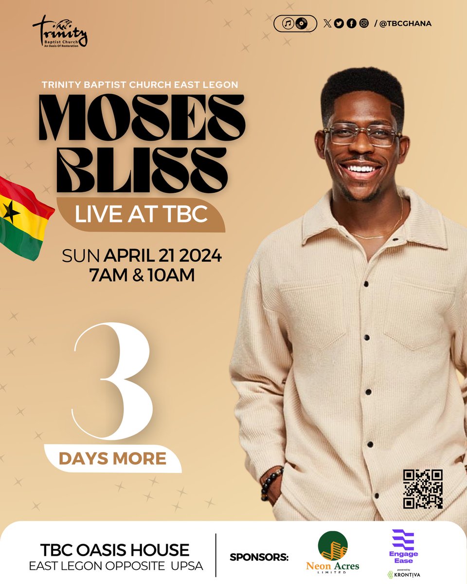 3 DAYS MORE!!!! We can’t wait to see all of you this Sunday 21st April at 7am & 10am. You just can’t miss this. Bring the whole family to TBC OASIS HOUSE EAST LEGON @tbc_ghana #tbc #mosesblissliveattbc