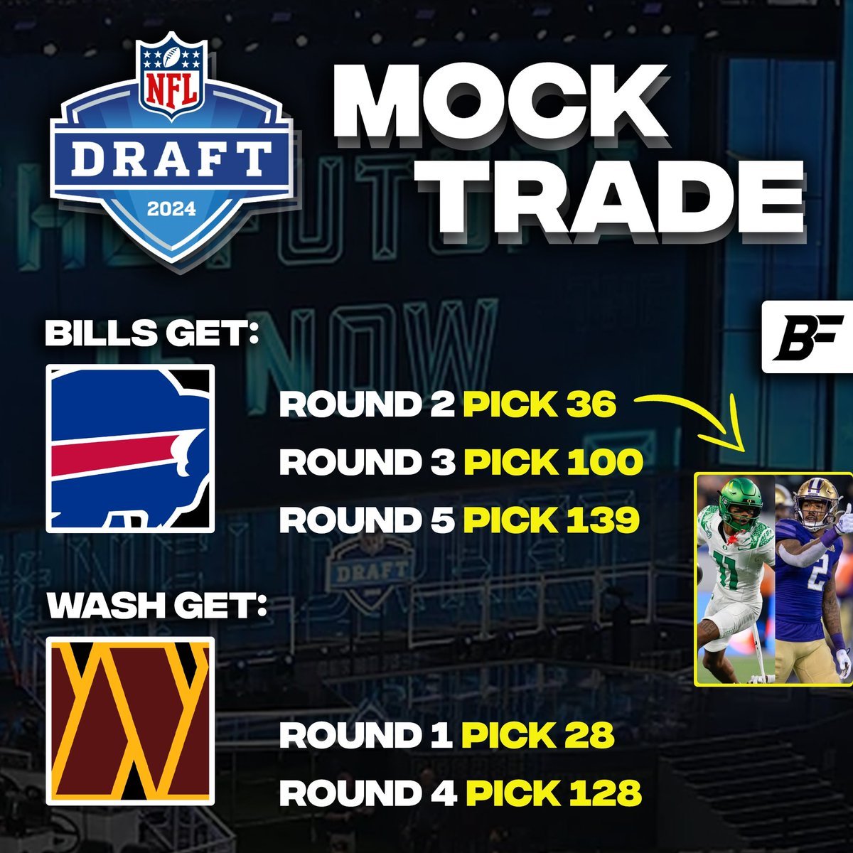 Mock Trade: #Bills 🤝 #Commanders In a rare Beane draft moment, as WR value is questioned, Buffalo trades back 8 spots and is still able to secure their guy. In the process they pick up a coveted third round pick that could turn into another starting player. #BillsMafia 🦬