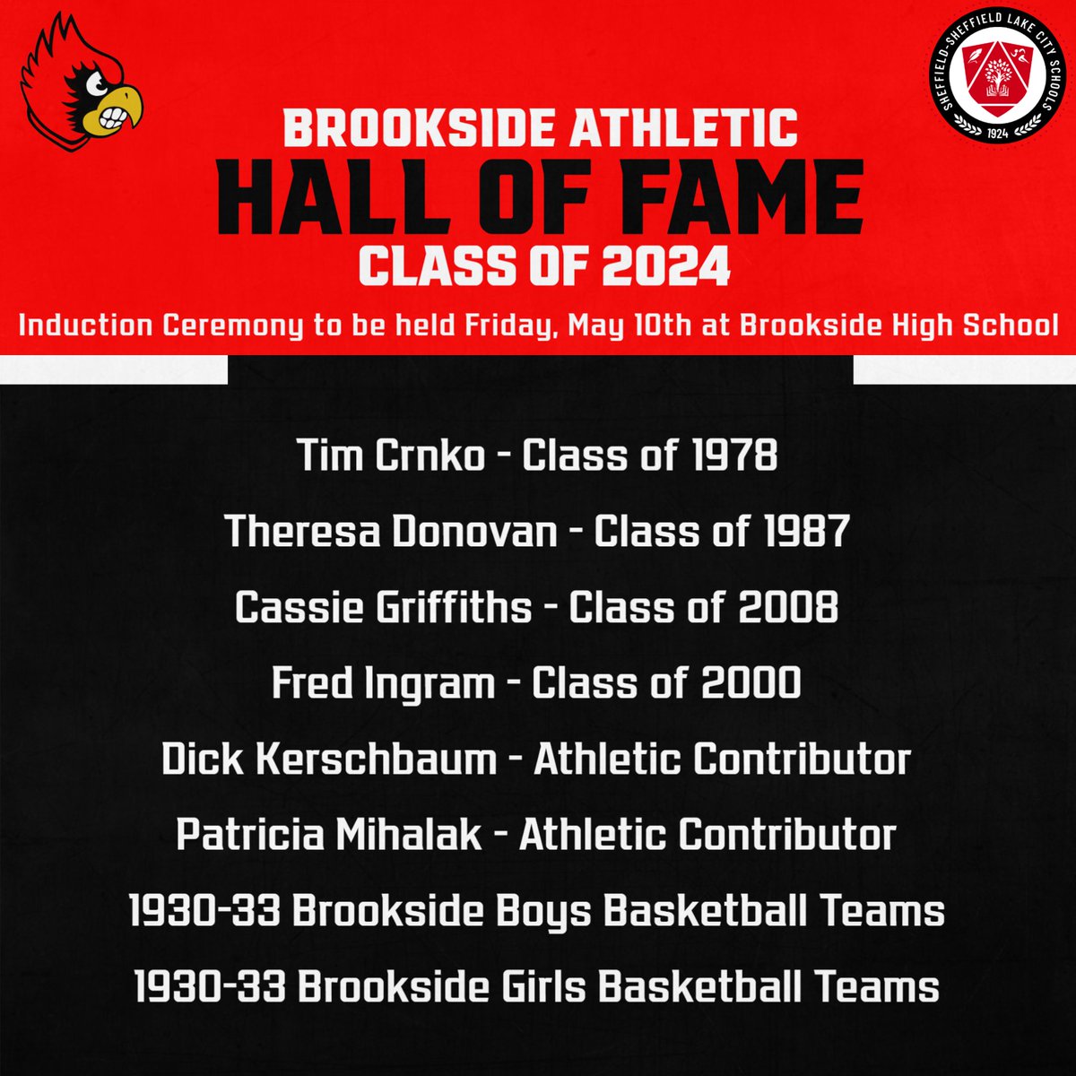 The Brookside Athletic Hall of Fame Committee is pleased to announce the 2024 class to be inducted on Friday, May 10th. For more information, please visit: brooksidecardinals.com/news/91809
