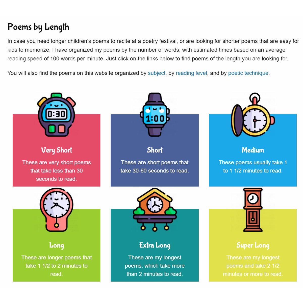 As the Chief Poet and Programmer at Poetry4kids, I have finally updated the Poems by Length page to let members find poems based on how long they take to recite. More details here: poetry4kids.com/news/update-to… #nationalpoetrymonth #poetry4kids #childrenspoetry