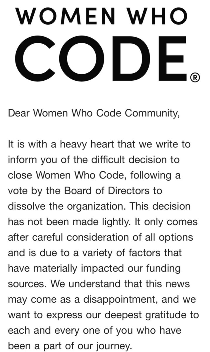 Sad and shocked to hear that @WomenWhoCode is shutting down 😢 When I moved to the DMV area many years ago, @WomenWhoCodeDC provided a lot of support and played a big part in where I am today