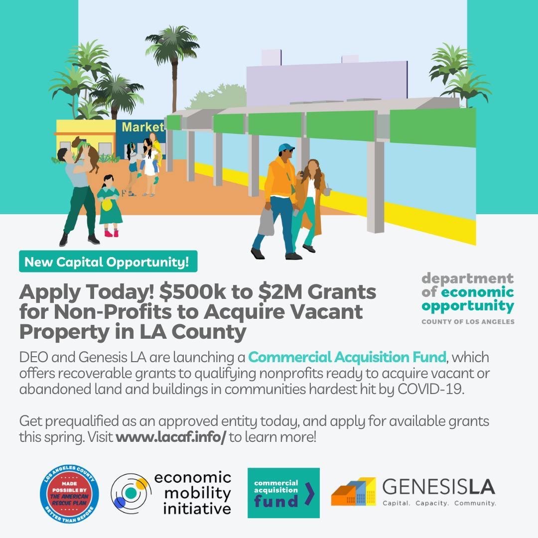 If you're part of a non-profit organization in LA County looking for support with acquiring a vacant building or land, you can apply for @EconOppLA's Commercial Acquisition Fund. Our office is proud to have piloted this program in Leimert Park and to continue supporting the