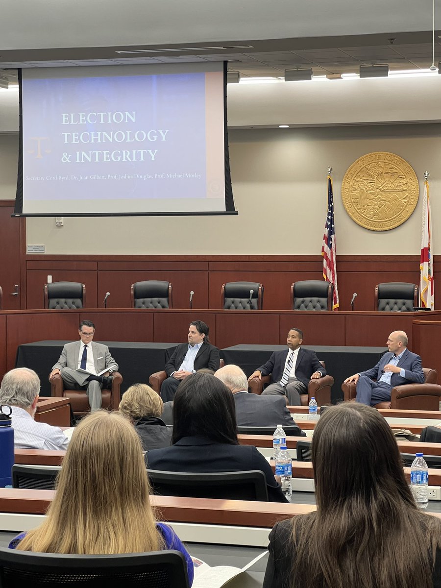 I was invited to attend the @UFLawReview’s Dunwody Distinguished Lecture in Law by @DrJuanGilbert and was surprised to learn @ElliotPDouglas’ brother is on the Election Tech and Integrity panel too! Current and former members of the CS for Social Good lab are also in the room.