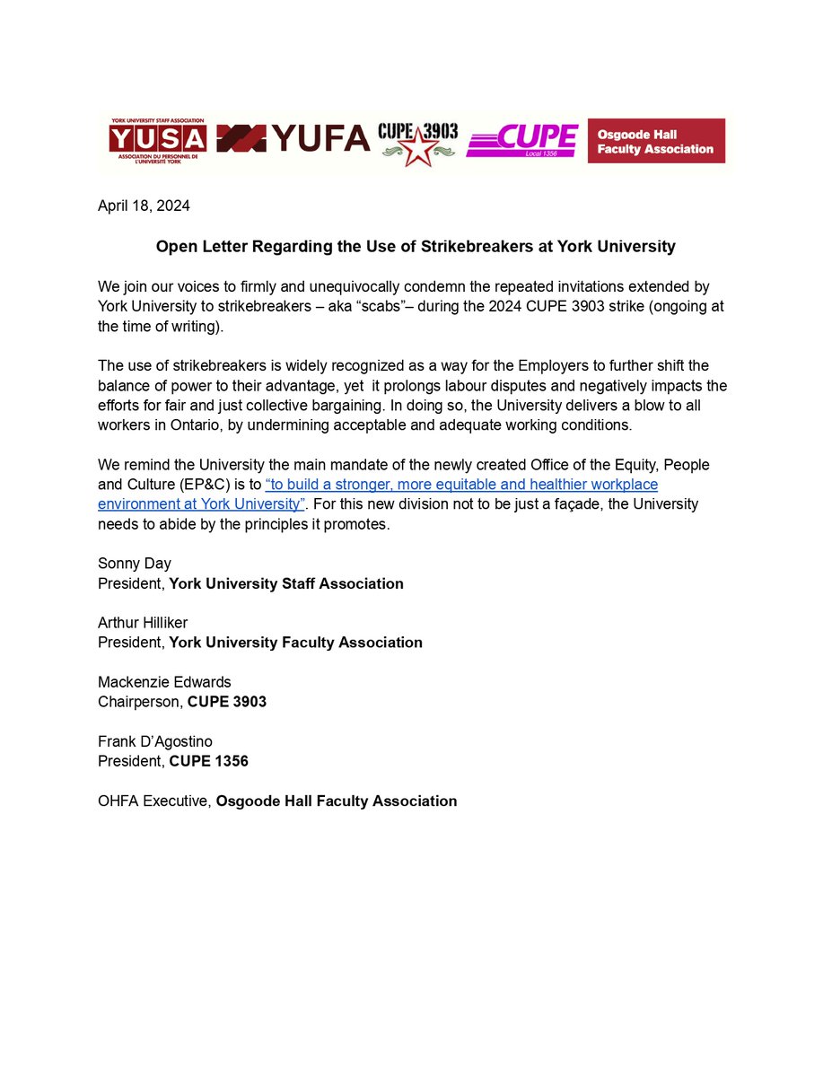 On April 18th, executives from @YUFAyorku, YUSA, CUPE 1356, OHFA and CUPE 3903 signed a joint open letter regarding the use of strikebreakers at @YorkUniversity