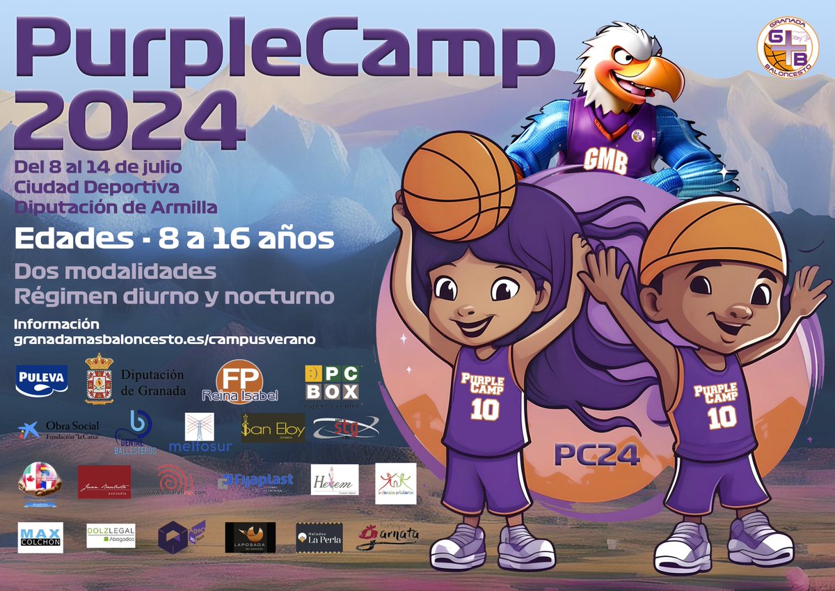 🟣CAMPUS VERANO🟣
¿Algún plan del 8 al 14 de julio? 

Te presentamos el #PurpleCamp2024, donde baloncesto y diversión van de la mano.

📍 CD Dip. de Armilla
🧒👧 8-16 años
🛌 Opciones: diurno y nocturno
ℹ️ granadamasbaloncesto.es/campusverano
Reserva tu plaza.

#MÁS10Seguimos
#ForeverPurple💜